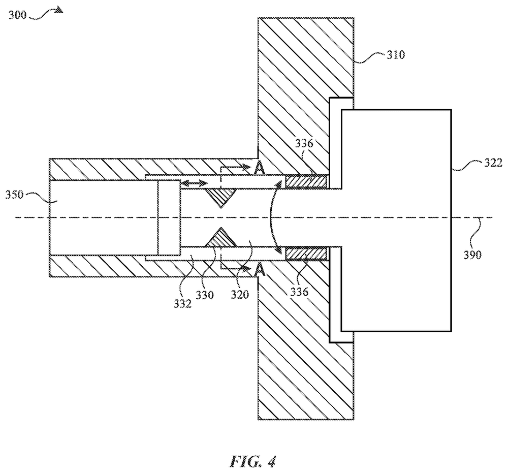 Cut-open side view of a round knob on a shaft passing through a thick wall, with the cut parts shaded in diagonal lines