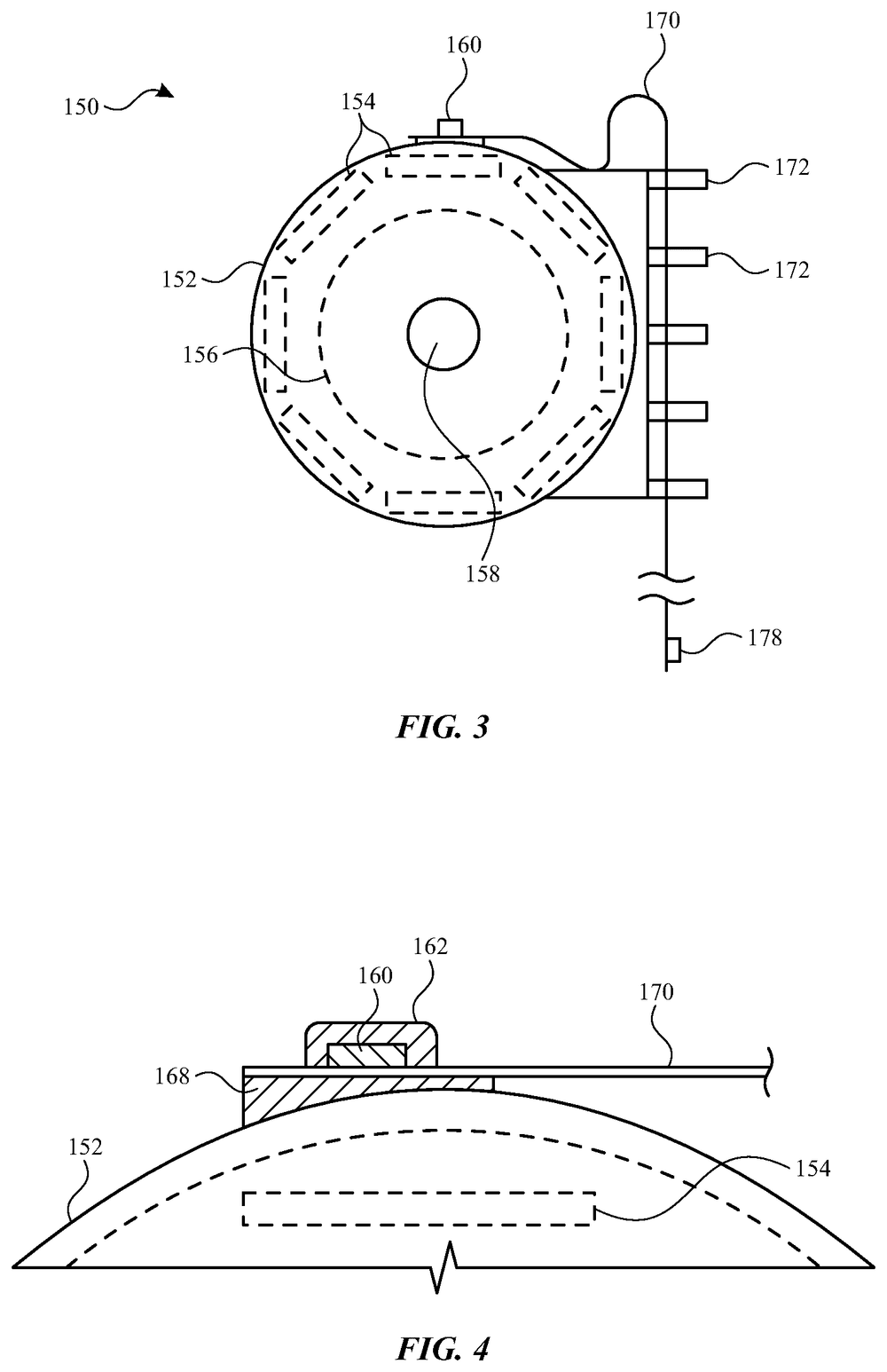 Two drawings: a circle with rings of dashed loops inside it and a flat strip of wiring leading off to the right, and below that a shallow dome seen from the side with a small part on top