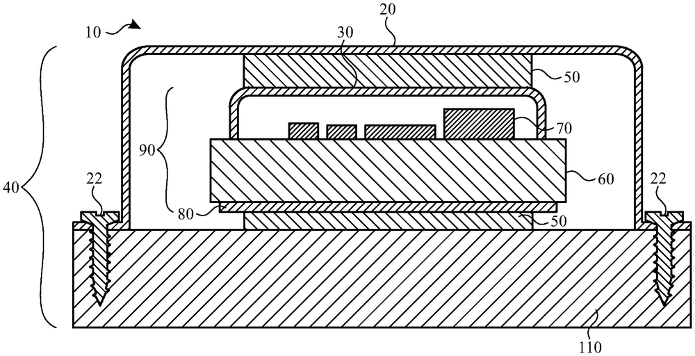 Cut-open side view of a domed metal cover screwed down over a stack of flat layers and small chips sitting on a thick base
