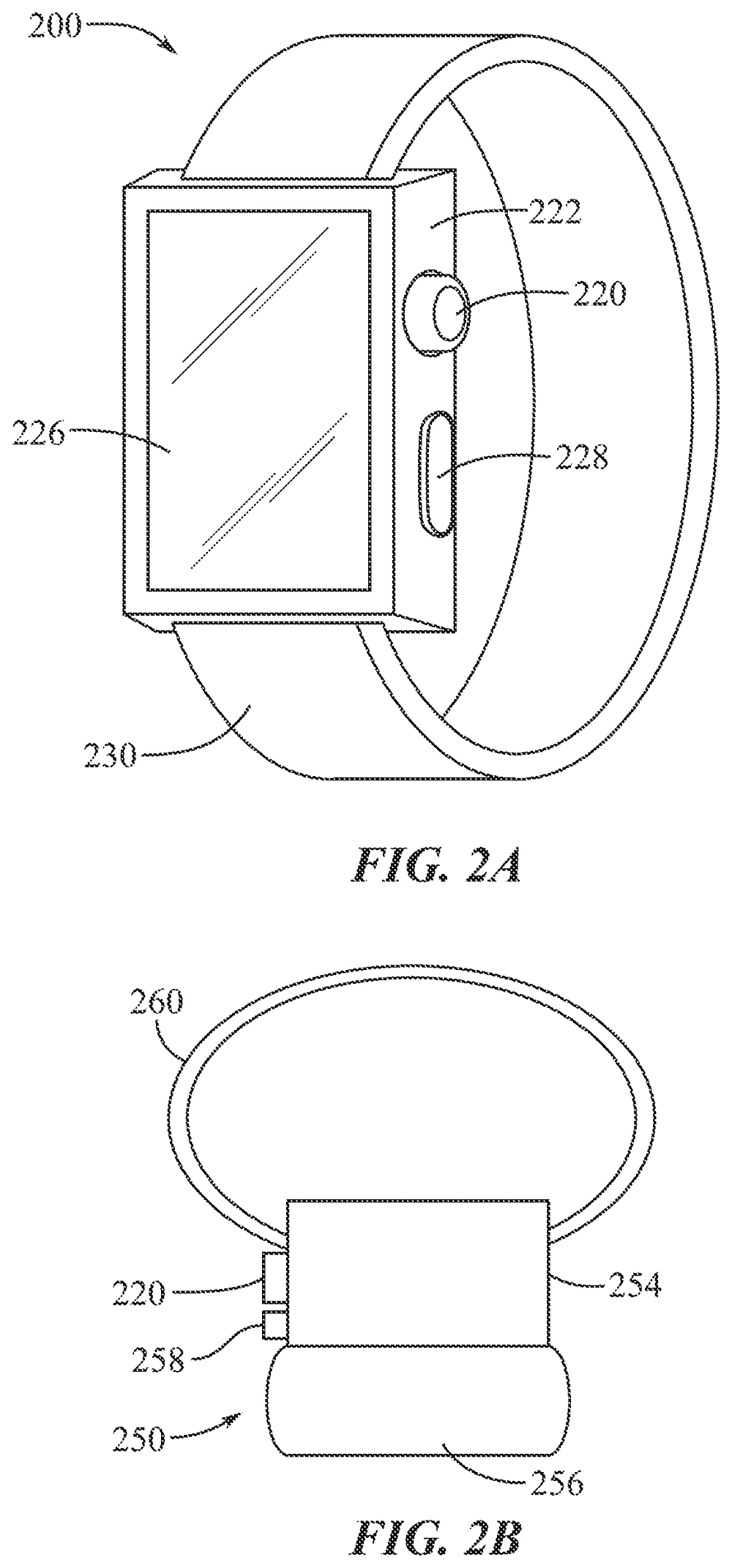 Two drawings: a wristwatch with a square screen, a round button and a strap curving behind it, and below that a plain band with a small box attached