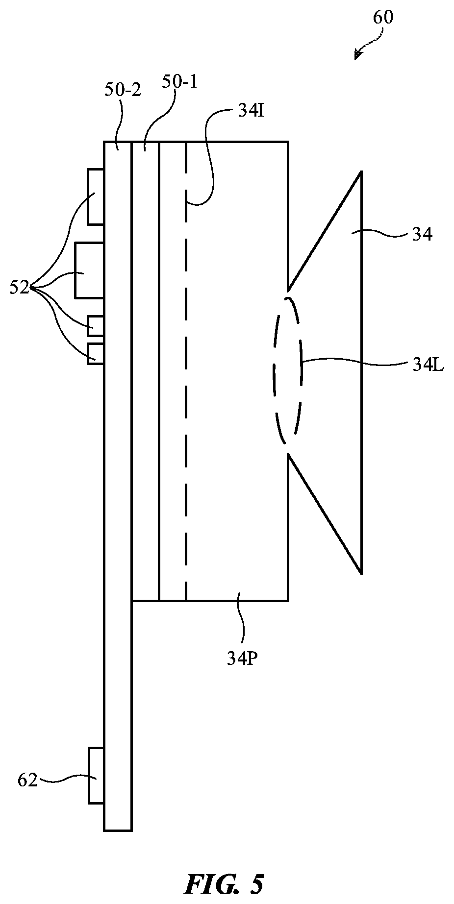 Side view of a flat board with small chips along its left edge and a camera on its right that fans out into a wide triangle, with a lens drawn as a dashed oval