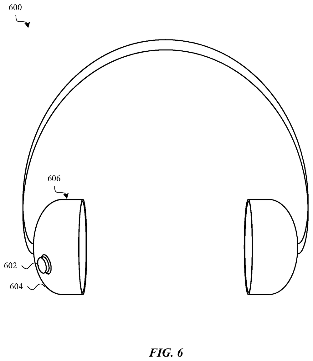Outline drawing of a pair of over-ear headphones seen from the front, with a curved headband arching between two rounded earcups