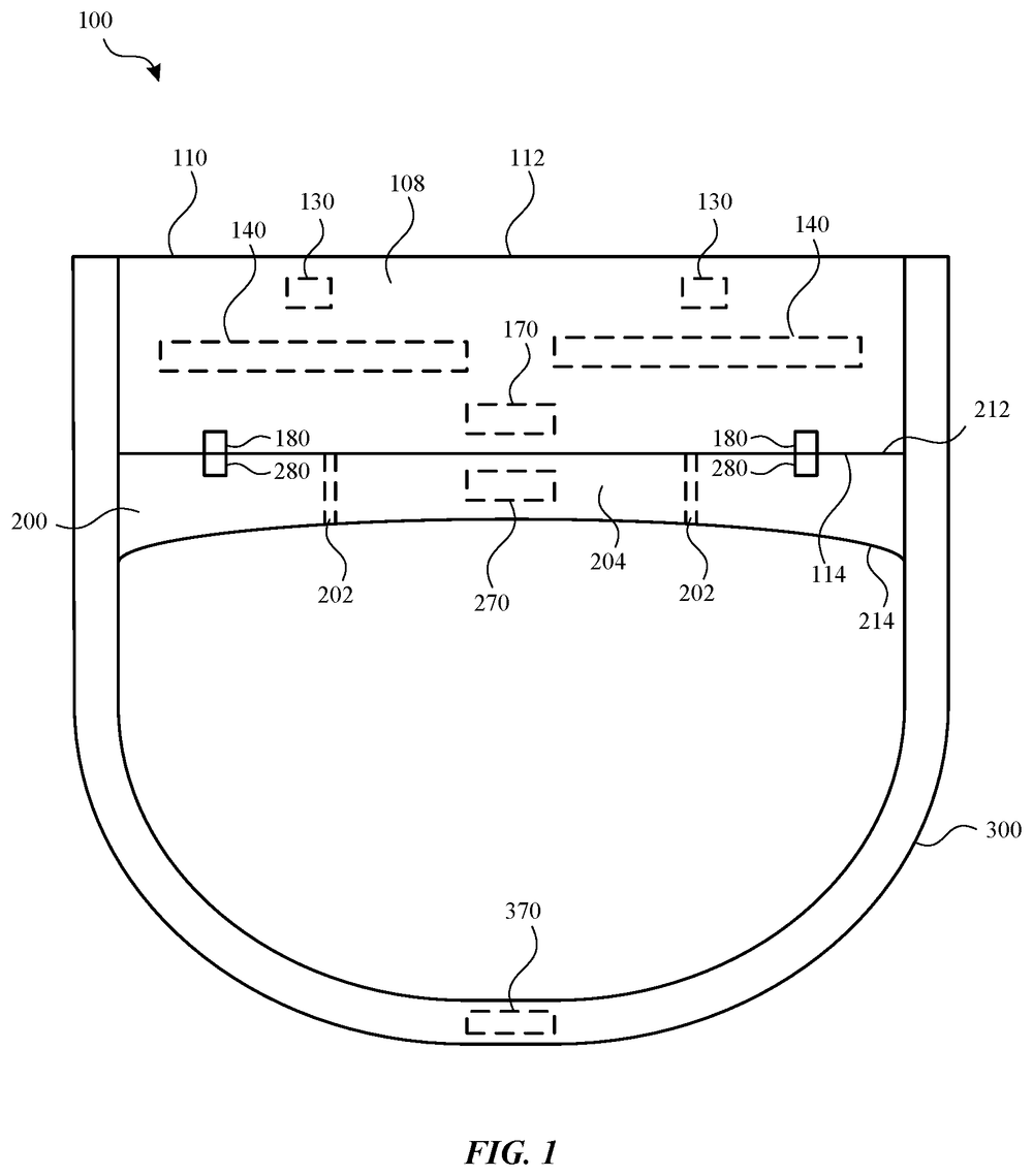 Front view of a headset drawn as a deep U-shaped outline, with dashed rectangles marking screens and sensors tucked inside the rim