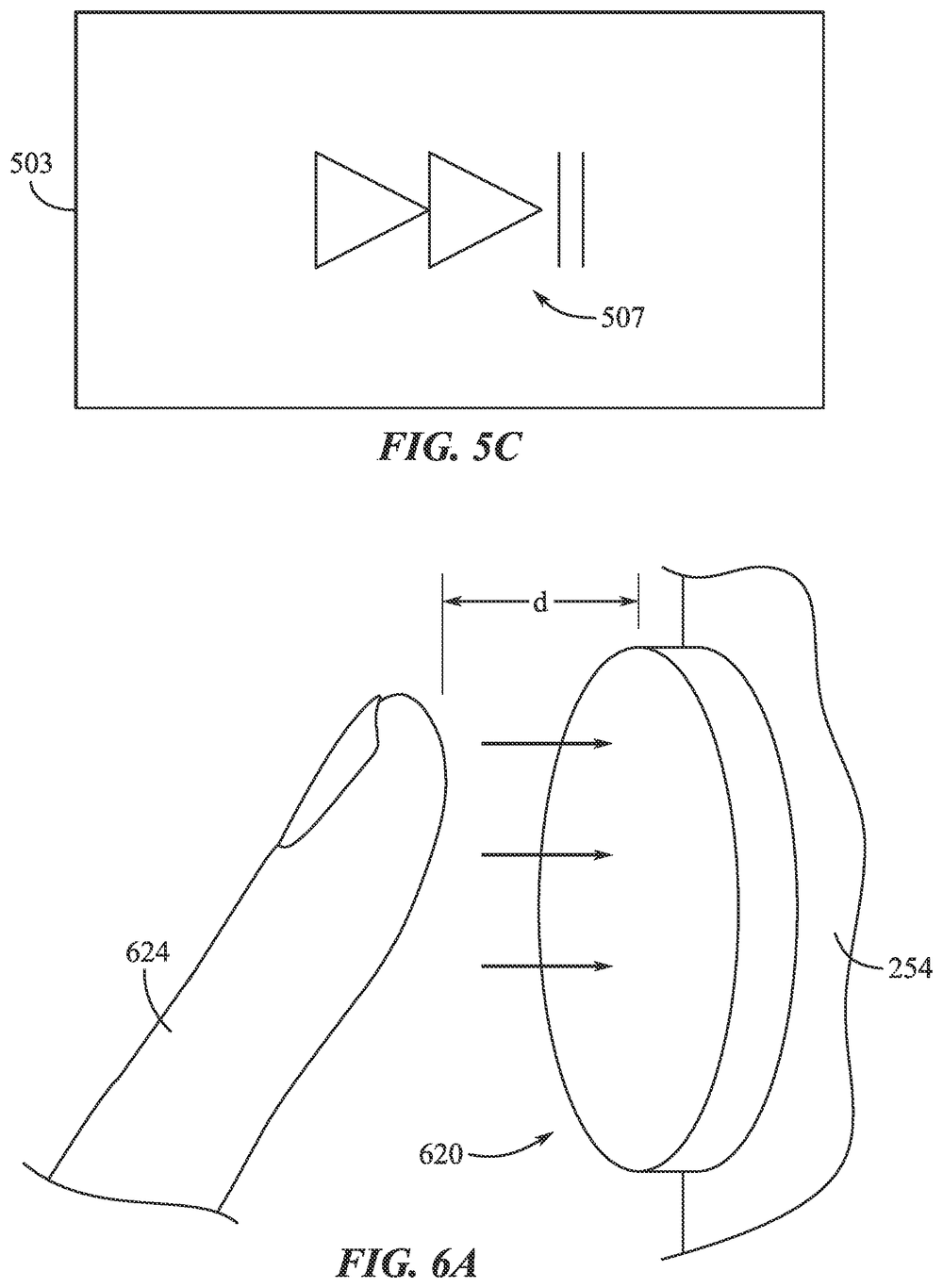 A fingertip reaching toward a rounded oval button on the side of a device, with arrows and a measured gap between the finger and the button, and a small box above showing a fast-forward symbol