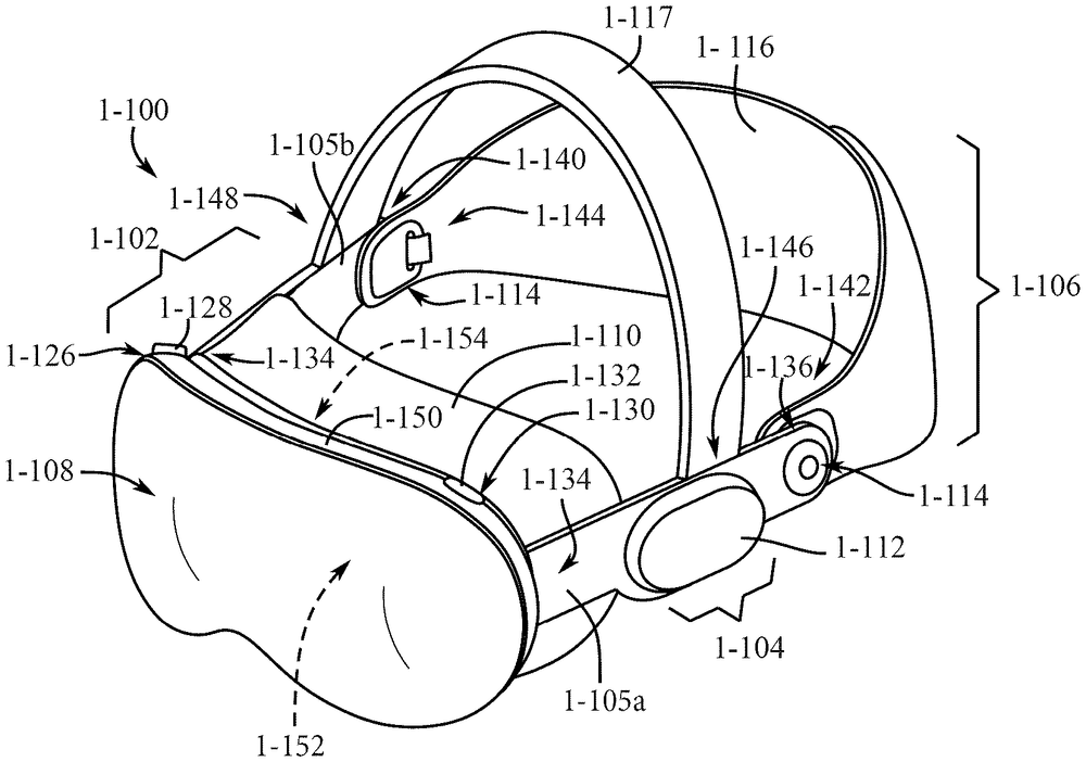 Perspective drawing of a headset with a curved visor front, a soft cushion around the face opening and a wide band arching over the top