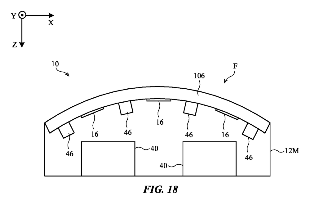 Cut-open view of the curved front of a headset, with small tilted camera blocks and flat sensor strips spaced along the inside of the curve