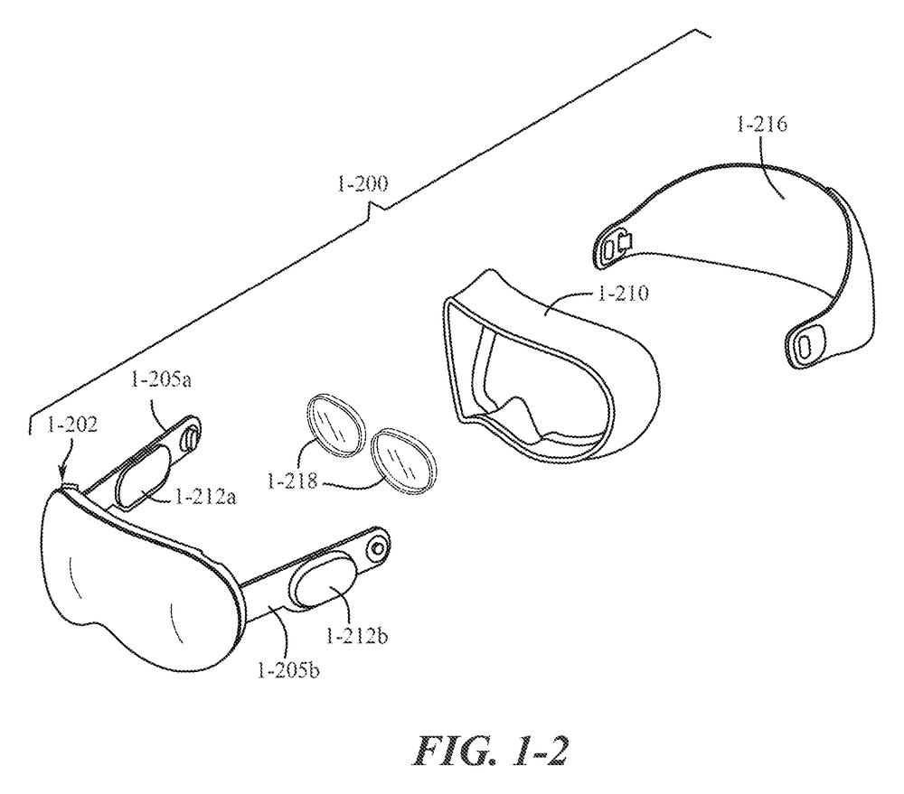Perspective drawing of a headset and its parts laid out in a row on a surface: the visor body, two small oval lens inserts, a soft face cushion and a curved head band