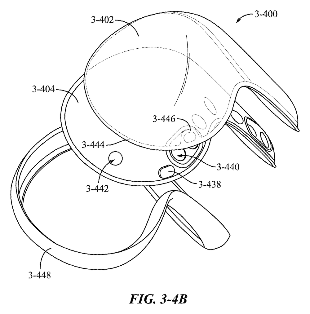 Perspective drawing of a headset's soft face cushion and its ring-shaped frame, with a loop of strap curving away below and small round openings around the rim
